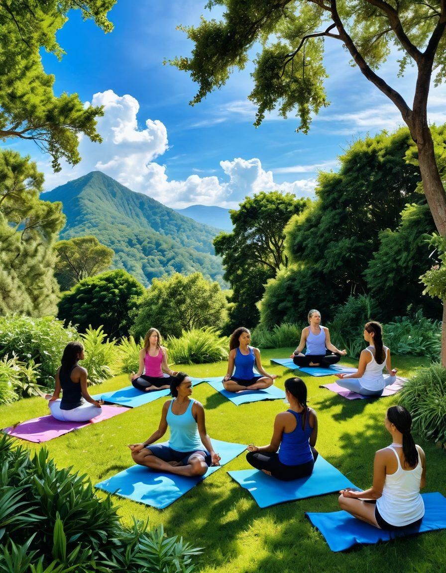 A serene and uplifting scene depicting a diverse group of individuals engaged in various self-care activities such as yoga, meditation, and outdoor exercise. The background features lush greenery and a bright blue sky, symbolizing hope and a healthy future. Include elements like healing crystals, journals, and herbal teas to emphasize empowerment. The overall atmosphere should exude positivity and resilience. super-realistic. vibrant colors. nature-inspired.