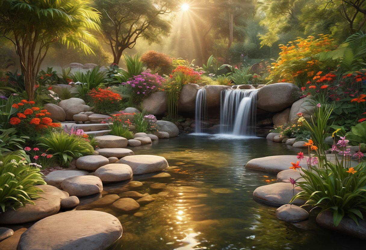 A serene landscape depicting a peaceful garden with vibrant flowers, soothing waterfalls, and diverse natural elements for holistic healing. Incorporate symbols of various therapies like acupuncture needles, herbal plants, and yoga poses presented harmoniously. A soft golden light bathes the scene to evoke warmth and hope. super-realistic. vibrant colors. soothing atmosphere.
